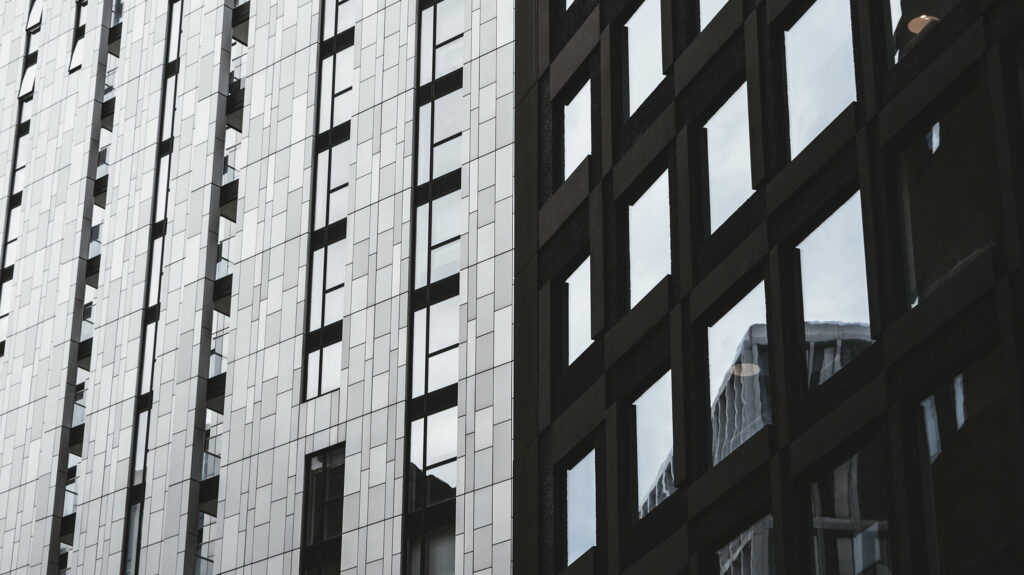 black and white buildings