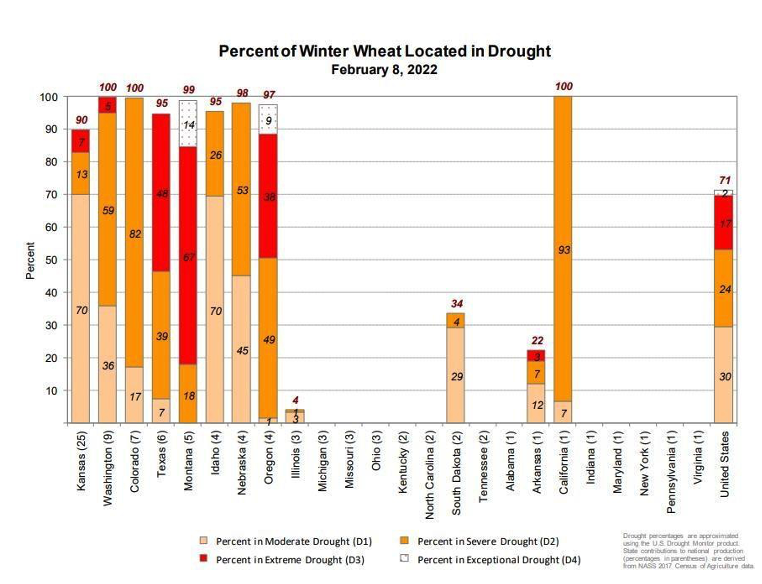 % of Winter Wheat located in drought, 2/28/22